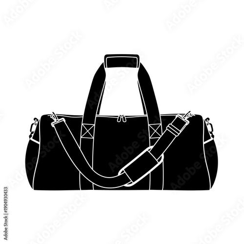 Black and white line drawing of a sports duffel bag with a shoulder strap