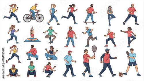 A lively group of people enjoying various sports and fitness activities in a park, including yoga and gymnastics exercises, jogging, cycling, tennis, and ball games..