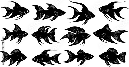 Silhouette of various goldfish swimming in different directions in black