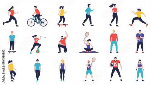 A lively group of people enjoying various sports and fitness activities in a park, including yoga and gymnastics exercises, jogging, cycling, tennis, and ball games..