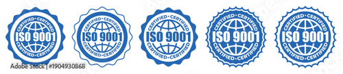 ISO 9001 Certified Blue Badge Icons – Quality Management System Compliance Seal Set