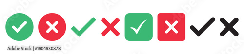 check mark icon button set. check box icon with right and wrong buttons and yes or no checkmark icons in green tick box and red cross. vector illustration