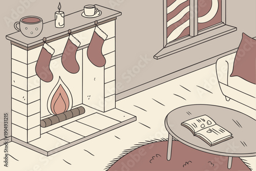 Cozy Christmas Fireplace Scene with Stockings and Warm Drinks