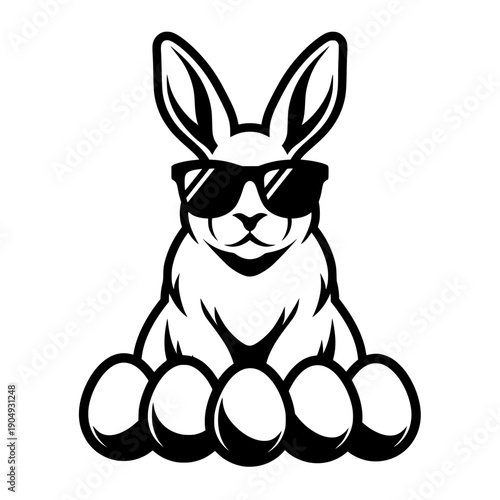 A cool bunny with sunglasses sits behind eggs expressing easter fun humor confidence and playful attitude in a clean black and white cartoon illustration style.