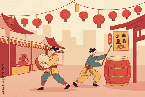 Traditional Chinese Drummers Performing at Festive Market