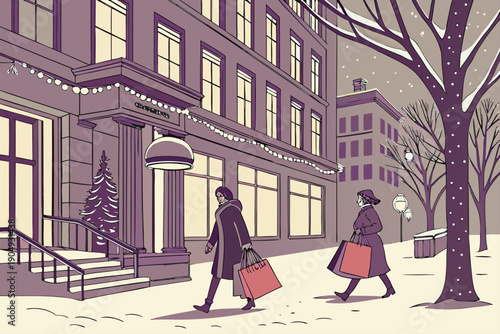 Women Shopping on Snowy City Street Illustration