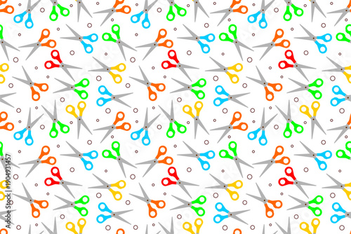 Seamless pattern of scissors. Colored scissors pattern background. Colorful scissors seamless pattern. Scissors pattern on white background.