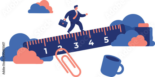 Illustration of a man in a blue suit walking on a ruler marked with numbers, holding a briefcase, with a paperclip, coffee mug and orange clouds nearby.