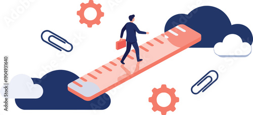 A cartoon illustration of a suited man balancing on an orange ruler with briefcase, paperclips, gears and clouds in a white studio view