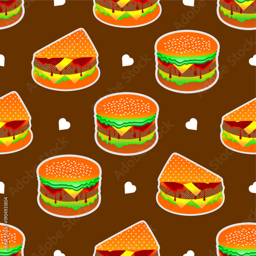 Seamless pattern with burger and sandwich slice. Burger and sandwich slice pattern background. Fast foods pattern background.  