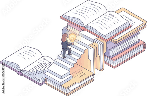 Creative illustration of a dark-dressed person brownhair on a books-formed staircase holding a glowing lightbulb, evoking inspiration