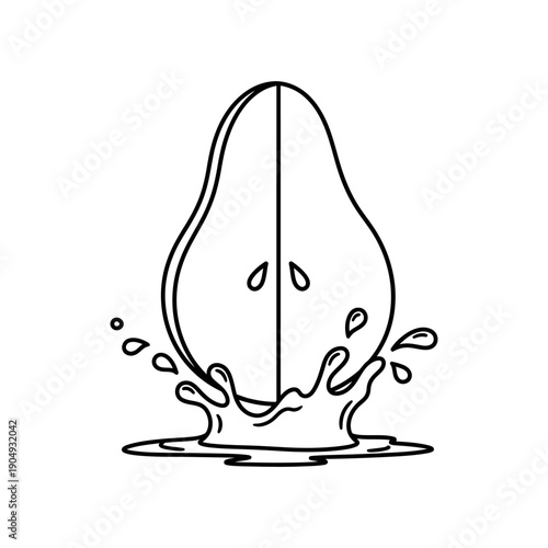 A pear splashing into water, creating ripples, viewed from the side in a simple illustration style