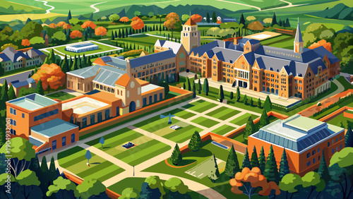 Very beautiful aerial view of Princeton University campus grounds, revealing organized dormitory buildings, green lawns, and the structured elegance of Ivy League planning.