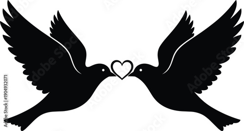 Black Silhouette Illustration of Two Birds Facing Each Other with Heart Symbol Representing Love, Unity, and Romantic Connection
