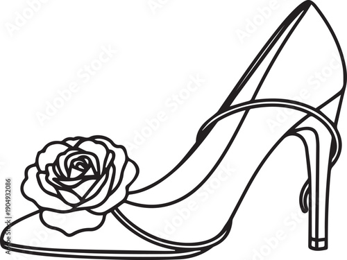 Elegant High Heel Shoe with Rose Detail Vector Illustration, Outline Fashion Pump Stiletto Icon