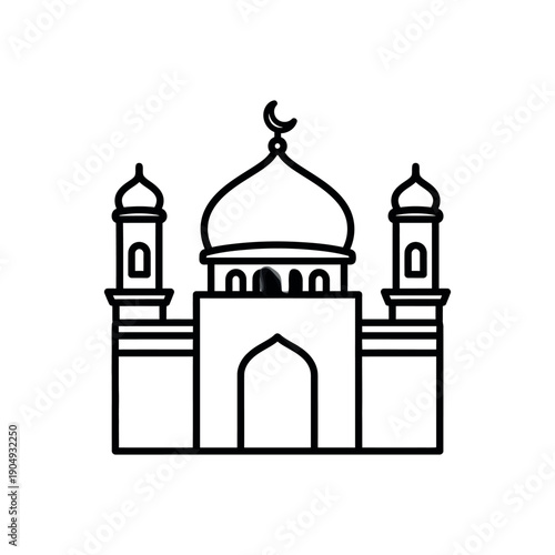 Simple line illustration of a mosque with towers and dome, symbolizing Islamic architecture and culture