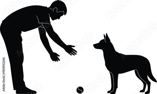 Black Silhouette Illustration of Person Training or Playing with Dog Featuring Ball Interaction Symbolizing Companionship, Obedience, and Pet Activity