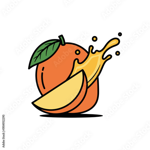 Juicy orange splashing with slice and leaf illustration on white background