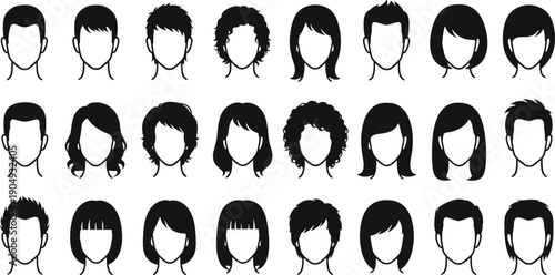 Black Silhouette Icon Set of Diverse Hairstyles Featuring Short, Medium, Long, Curly, Straight, Layered, and Voluminous Hair Designs