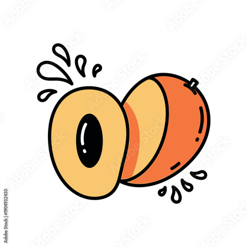 Juicy peach illustration with cutaway view and splashing juice droplets on white background