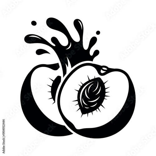 Juicy peach splashing with juice and pit visible in black illustration on white