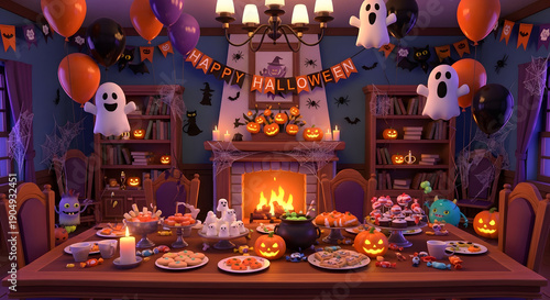 Spooky halloween dinner party setup with ghost decorations and lit candles
