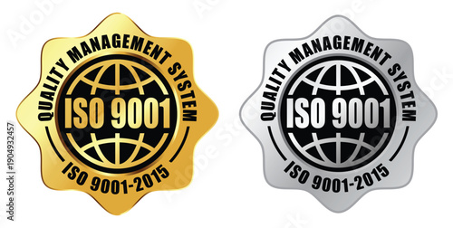 ISO 9001 Certified Badge Icons – Quality Management System Approval Seal in Gold and Silver