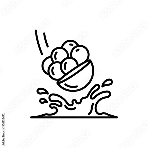 A bowl of fruit falls, spilling juice and fruit in a chaotic splash, viewed from the side.