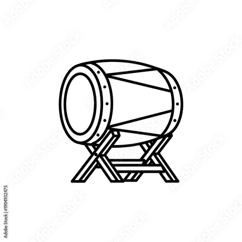 Drum on stand, simple line illustration, isolated on white background, viewed from the side