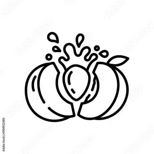 A drawing of two peeled peaches with juice splashing.