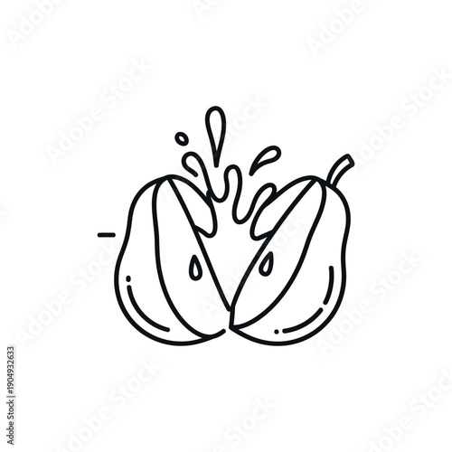 Freshly cut orange halves with juice splashing, simple black line illustration on white