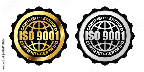 ISO 9001 Certified Badge Icons – Quality Management System Approval Seal in Gold and Silver
