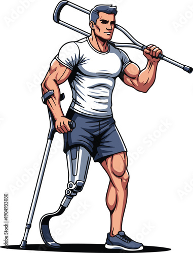 Muscular Male Athlete with Leg Prosthesis Carrying Crutches - Fitness and Disability Concept Vector Illustration
