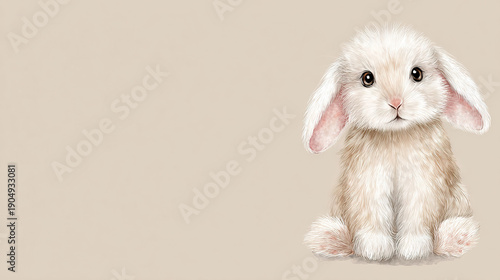 Cute White Rabbit Sitting on Beige Background