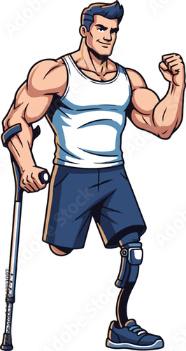 Athletic Amputee Man with Prosthetic Leg and Crutch Vector Illustration
