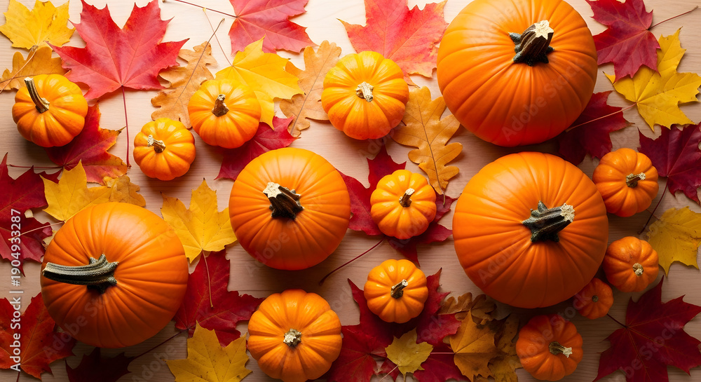 Fototapeta premium Vibrant autumnal display of pumpkins and leaves