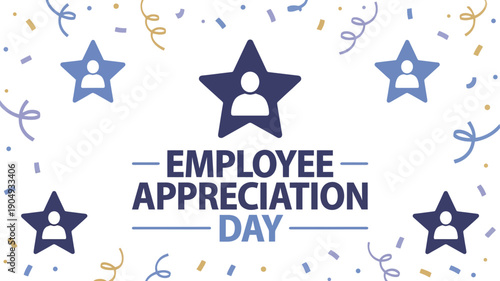 Festive Employee Appreciation Day Banner with Confetti and Star Icons for Staff Recognition, Team Gratitude, and Corporate Celebration Events