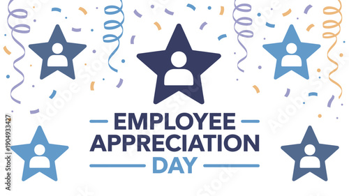 Festive Employee Appreciation Day Banner with Confetti and Star Icons for Staff Recognition, Team Gratitude, and Corporate Celebration Events