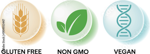 Essential Food Product Labels Set Including Gluten Free Non GMO and Vegan Icons for Organic Branding and Healthy Nutrition Packaging Design