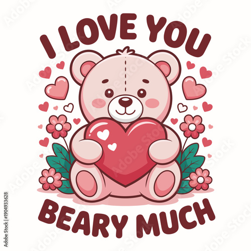 A cartoon teddy bear holds a large heart . Surrounding it are playful hearts and flowers, conveying a sense of affection.