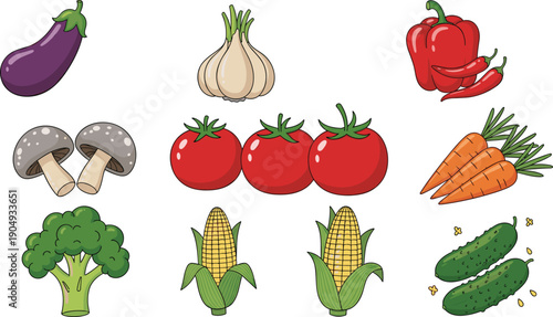 Fresh vegetables set illustration eggplant garlic pepper tomato carrot broccoli corn cucumber healthy food isolated white background vector design