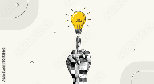 Trendy halftone collage two hands reaching glowing lightbulb abstract creative thinking and innovation concept