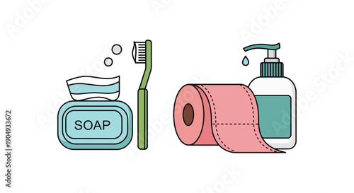 Bathroom essentials soap toothbrush toilet paper and liquid soap are displayed