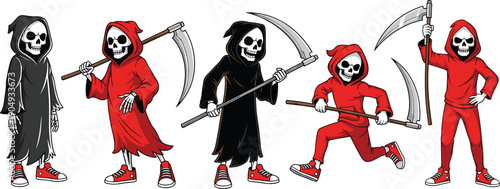 Grim reaper cartoon characters set illustration skeleton in hoodie with scythe halloween spooky costume isolated white background vector design