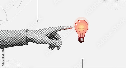 Trendy Halftone Collage Two Hands Holding Lightbulb Representing Creative Idea Innovation And Inspiration Concept