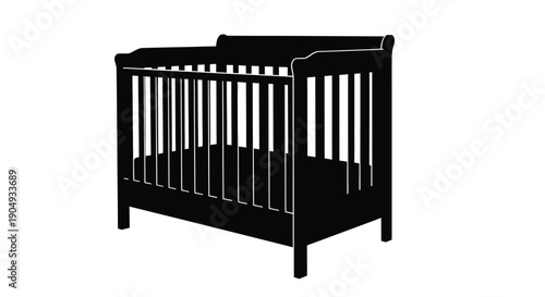 Simple black silhouette of a classic wooden baby crib on a white background
