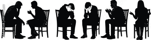 Black Silhouette Illustration of People Sitting in Pairs on Chairs Depicting Conversations, Counseling, Emotional Struggles, and Interpersonal Communication