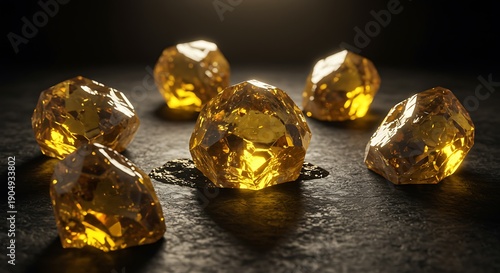 Beautiful collection of raw natural yellow gemstones displayed on dark reflective surface for jewelry inspiration