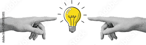 Trendy halftone collage two human hands reaching toward glowing lightbulb creative idea and innovation concept