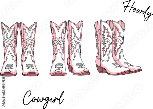 Pink cowgirl boots illustration, western cowboy fashion footwear, country style leather boot design, vintage rodeo aesthetic, isolated vector art collection